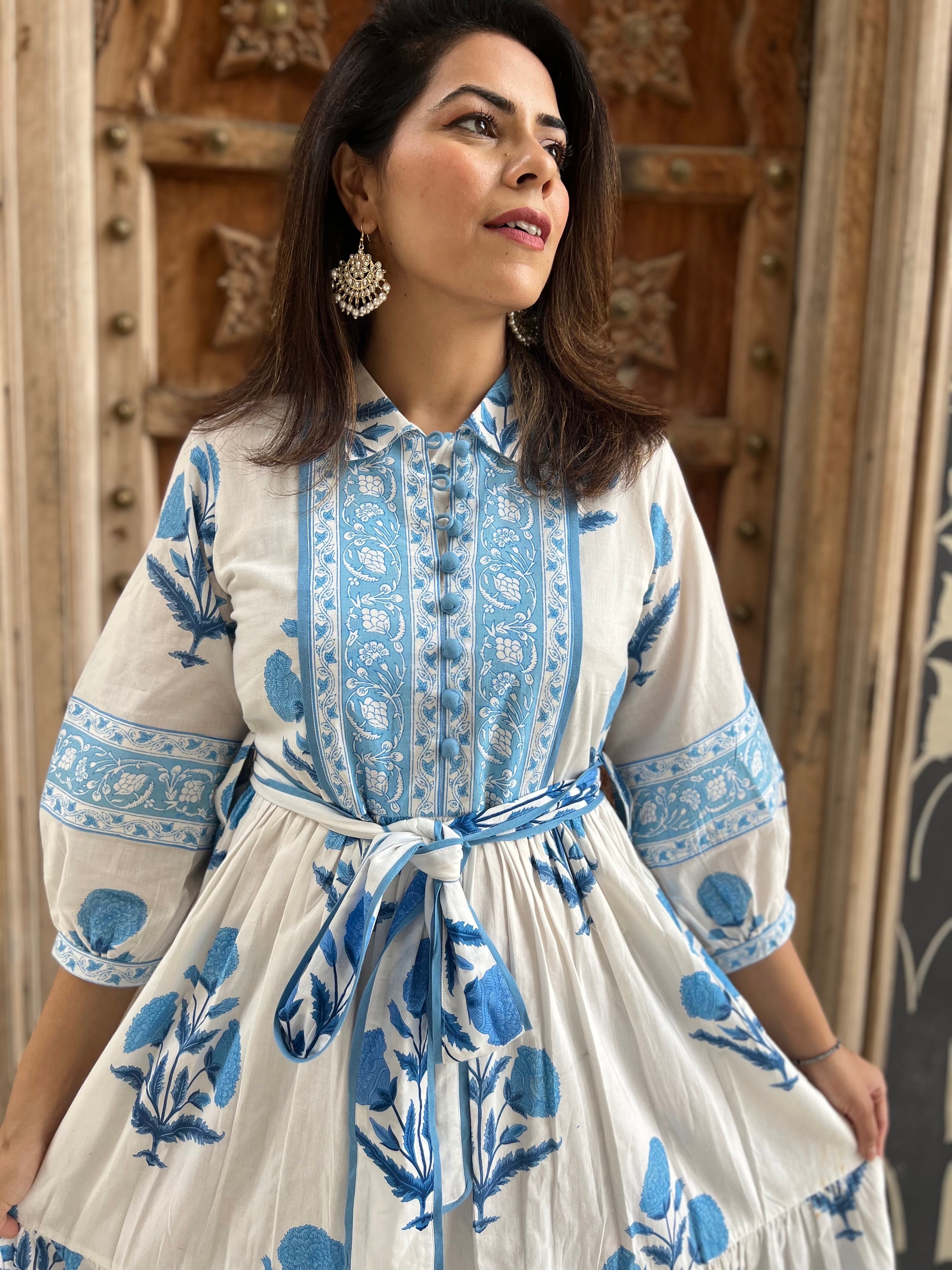 White Mughal Printed Tier Cotton Dress M White Mughal Printed Tier Cotton Dress M