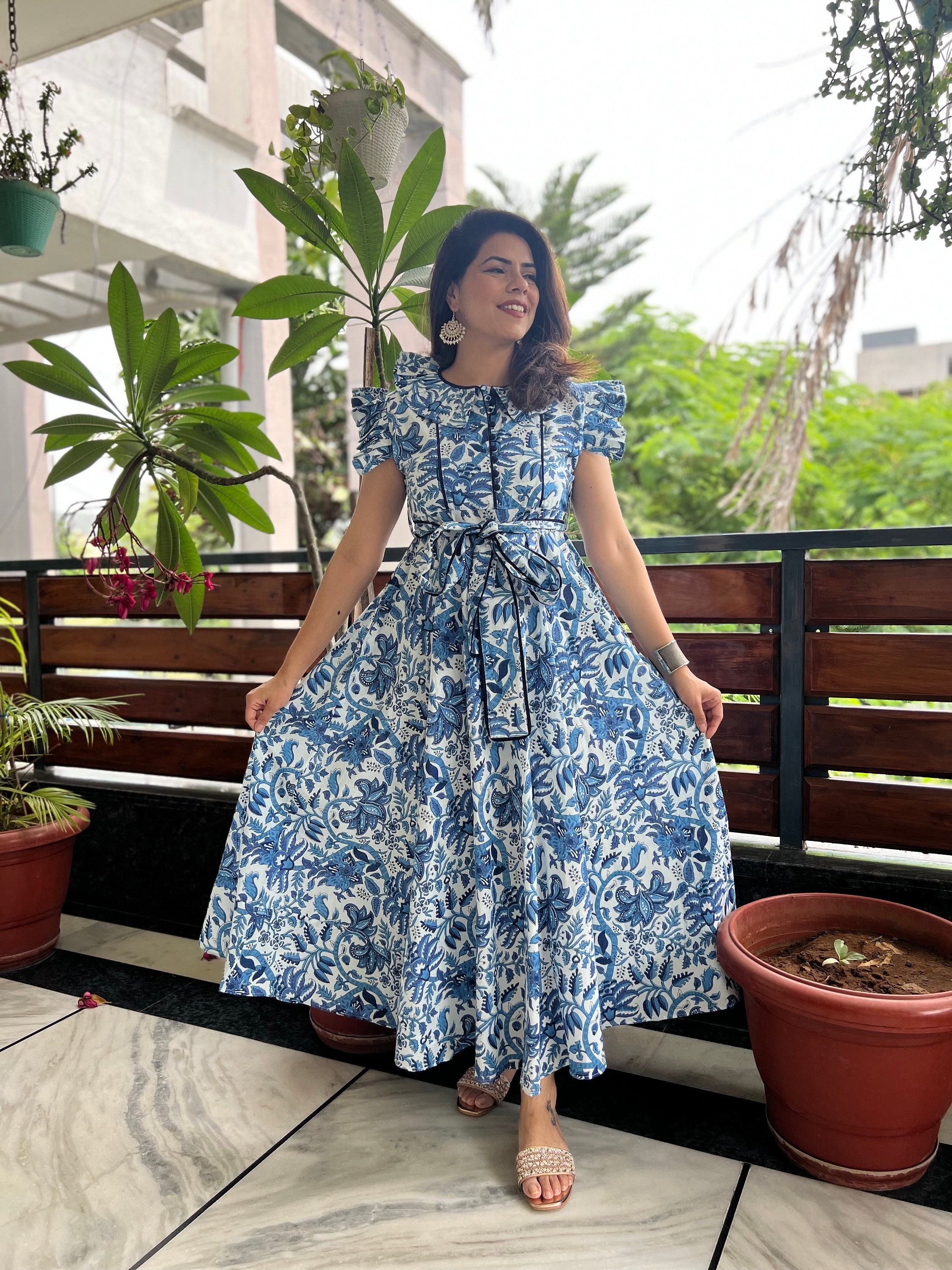 white christmas dresses Mulmul Cotton Dress In Floral Block Print main image 1