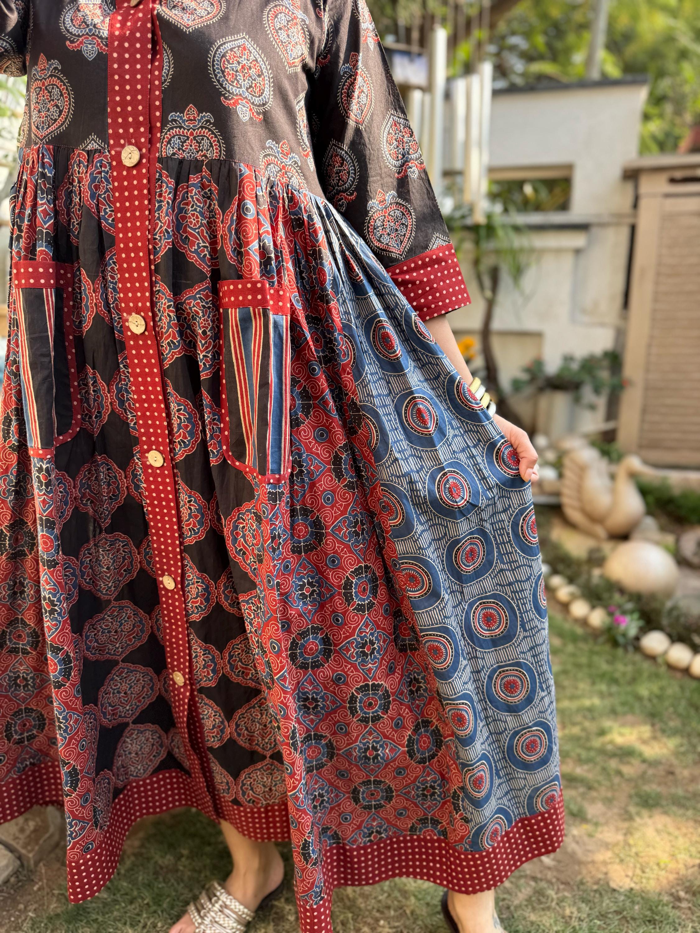 Hand Block Printed Cotton Maxi Dress | Jaipuri Floral Dress with Pockets