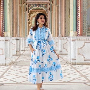 Hand Block Printed Dress Floral Summer Midi Dress Cotton Dress White & Blue Dress Mughal Motif dress Block print Dress with pockets belt image 1