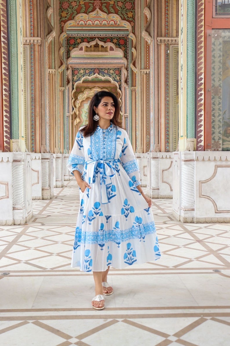 Hand Block Printed Dress Floral Summer Midi Dress Cotton Dress White & Blue Dress Mughal Motif dress Block print Dress with pockets belt image 1