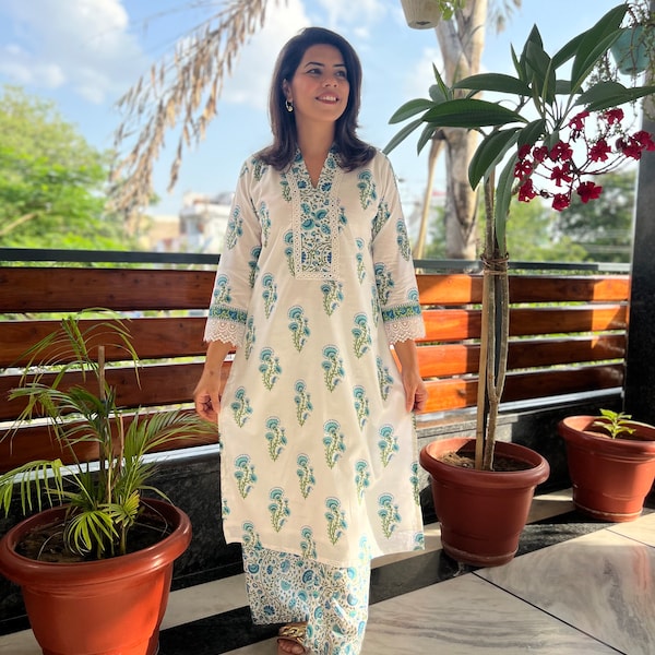 Hand block print Kurta with Pants|Indian Salwar Kameez|Indian cotton suit set for Women|White & Blue Jaipuri Print Kurti set of 2