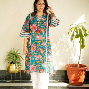 Hand block print Kurta with Pants Indian Salwar Kameez Jaipuri Print cotton suit set for Women Free size One size block print Kurti set of 2