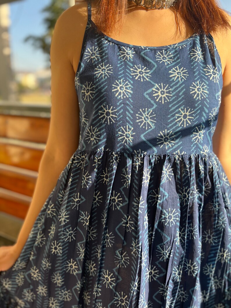Hand BlockPrint INDIGO Cotton MAXI tier dress with adjustable strapsSummer sleeveless Beach dress Jaipuri Print dress Made in India image 4