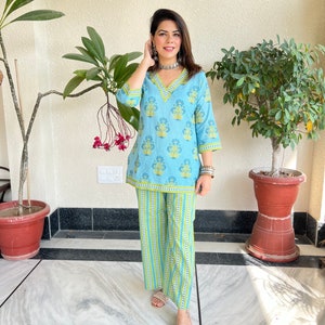 Hand Blockprint Cotton 2piece set,Blue Green cotton Kurti Pant set Jaipuri Print Indian Cotton Loungewear Set Womens co-ord kurti set image 7