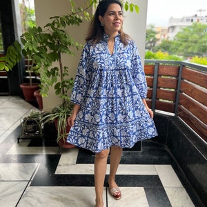 Hand Block Printed Dress|Summer Dress|Blue & white Knee lengthdress|Cotton floral dress A line Dress,Frill MandarinCollar,Handmade in india