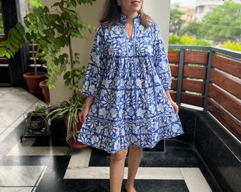 Hand Block Printed Dress|Summer Dress|Blue & white Knee lengthdress|Cotton floral dress A line Dress,Frill MandarinCollar,Handmade in india