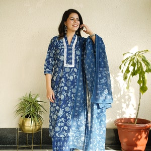 Women Cotton Indigo Floral Print Kurta Harem Pant Dupatta