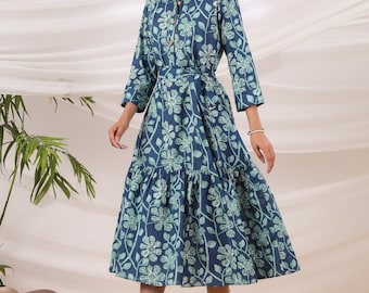 Hand Block Printed Cotton Midi Dress | Blue Green Floral, Pockets