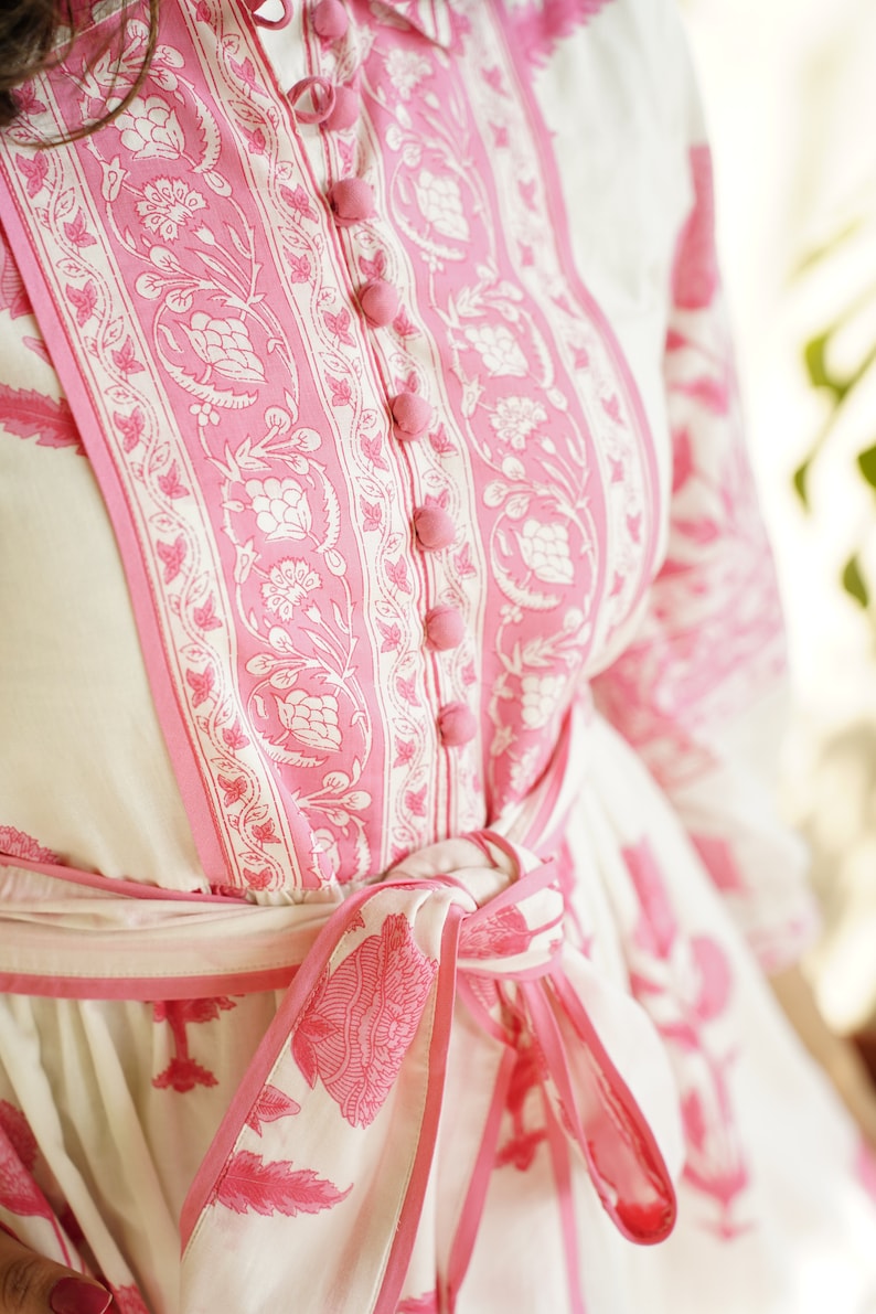 Hand Block Printed Dress Summer Midi Dress Cotton Floral Dress White & Pink Dress Handmade in India Dress with pockets,belt image 4