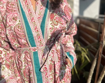 Handblock print Reversible Quilted Robe Jaipuri Print Free size house coat w/pockets Indian cotton winter robe Women’s winter lounge robe
