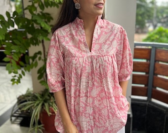 Block Print Boho sleeves Cotton Floral top | handblock Pink & White kurti | Indian cotton floral top|Jaipuri Print puff sleeves,frill collar