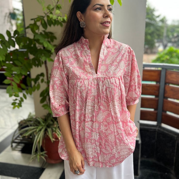 Block Print Boho sleeves Cotton Floral top | handblock Pink & White kurti | Indian cotton floral top|Jaipuri Print puff sleeves,frill collar