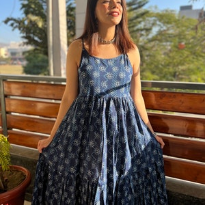 Hand BlockPrint INDIGO Cotton MAXI tier dress with adjustable strapsSummer sleeveless Beach dress Jaipuri Print dress Made in India image 6