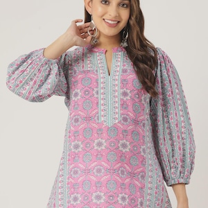 Hand block printed cotton floral top Pink Blue Jaipuri print Kurti Summer women’s Indian cotton top Blockprint top,3/4th sleeves,hip length