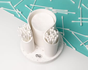 White acrylic stone cotton swab and round cotton pad holder, modern minimalist portable cotton ball and Q-tip holder, bathroom organizer