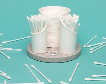 Q-tip holder, cotton pad holder, cotton ball holder, modern bathroom organizer made of white acrylic stone, cotton swab and pad storage