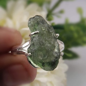 Certified Moldavite Rough Ring, 100% Natural Gemstone, 925 Sterling Silver, Personalized Jewelry, Prong Set Promise Ring