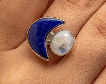 Natural Lapis Lazuli, Rainbow Moonstone Ring, 925 Sterling Silver, Handmade Jewelry, Gift For Her