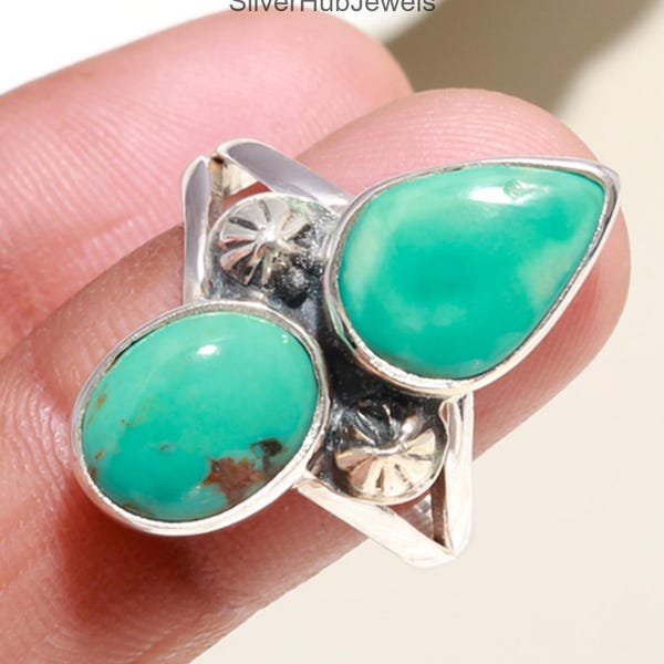Anillo de plata de ley con turquesa de Arizona hecha a mano, cabujón en forma de pera, joyería llamativa estilo boho.