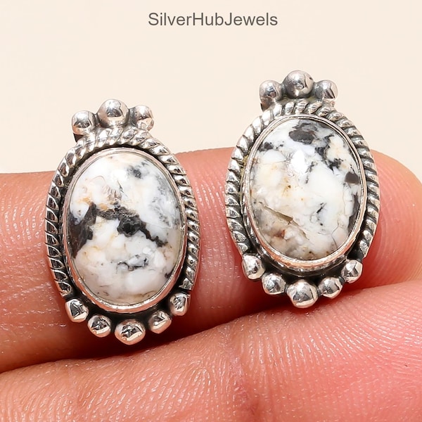 White Buffalo Turquoise Stud Earrings, 925 Sterling Silver, Artisan Boho