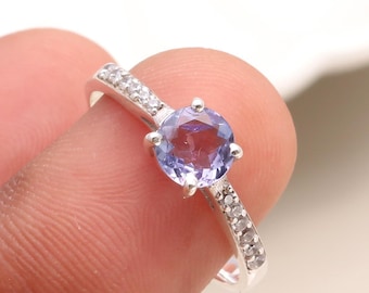 Aliança de Tanzanita, Pedra de Nascimento de Dezembro, Anel com Lapidação Redonda, Anel de Noivado em Prata de Lei 925, Presente para Irmãs, Anel de Cluster