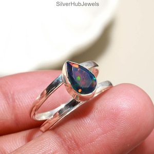 Anillo de ópalo negro, anillo de plata de ley 925, anillo de pera, anillo hecho a mano, anillo llamativo, anillo de ópalo natural, anillo de mujer, regalo para ella, anillo bohemio