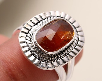 Handmade Orange Kyanite Sterling Silver Ring, Cushion Gemstone