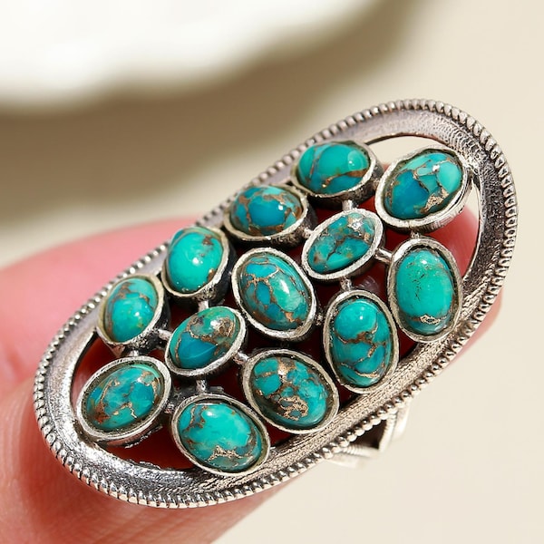 Anillo ovalado de turquesa y cobre azul, joyería llamativa de plata de ley 925, anillo de piedras preciosas hecho a mano.