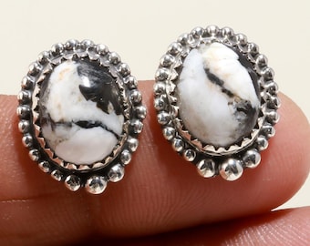 Pendiente de botón de búfalo blanco en plata de ley 925, joyería bohemia del suroeste