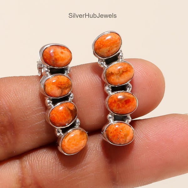 Handcrafted Red Coral Sterling Silver Stud Earrings, Boho Art Deco Statement Jewelry