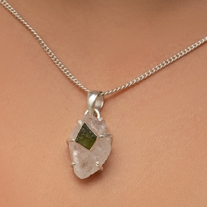 Certified Moldavite Rough & Herkimer Rough Pendant, 100% Natural Gemstone 925 Solid Sterling Silver, Gift For Mom