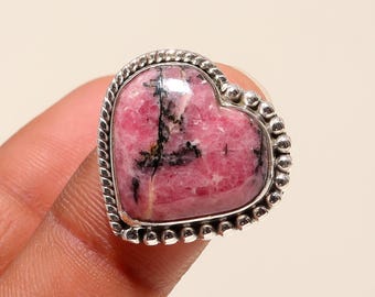 Handmade Heart Rhodonite Sterling Silver Ring, Bezel Setting