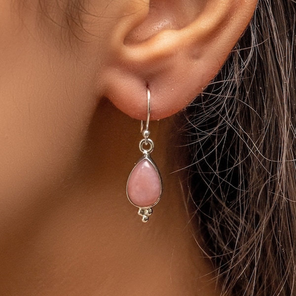 925 Sterling Silver, Natural Pink Opal Gemstone Earrings, Drop Earrings, Minimalist Dainty Earrings
