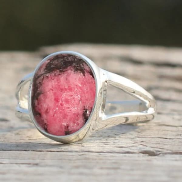 Natuurlijke Rhodoniet edelsteen ring, 925 sterling zilver, helende kristallen, handgemaakte sieraden, cadeau voor haar