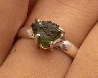 Certified Moldavite Rough Ring, 100% Natural Gemstone, 925 Solid Sterling Silver, Handmade Jewelry, Promise Ring