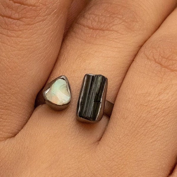 Anillo de plata de ley 925, ópalo etíope natural, anillo de turmalina negra, joyería hecha a mano, regalo para ella