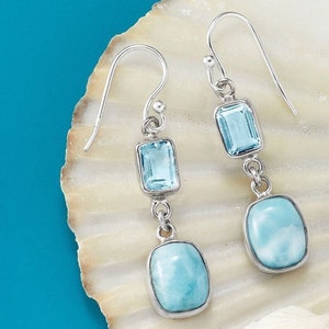 925 Sterling Silver Dangle Earrings, Natural Larimar and Blue Topaz, Handmade Jewelry, Gift For Mom