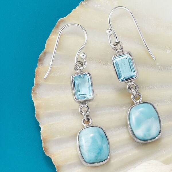 Boucles D'oreilles En Argent Avec Topaze Bleue, Rhodonite Et Larimar - Style Unique - Neuf Sans Emballage