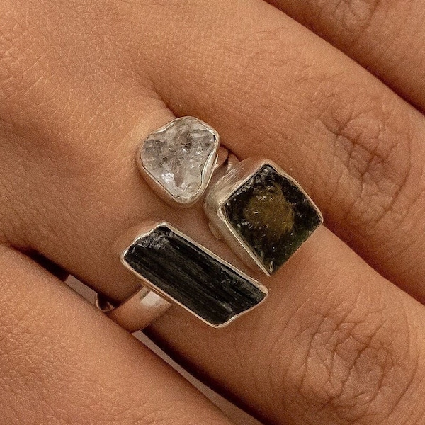Genuine Moldavite, Black Tourmaline, Natural Herkimer Diamond Ring, 925 Solid Sterling Silver, Handmade Jewelry
