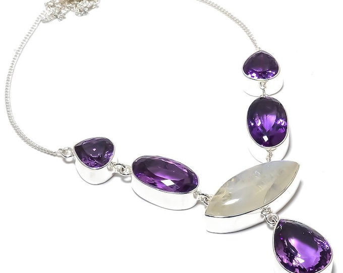 Amethyst Cut Moonstone Natural Gemstone 925 Solid Sterling Silver Handmade Necklace