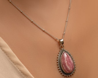 925 Sterling Silver Pendant, Rhodochrosite Necklace, Handmade Jewelry, Gift For Her, Gift For Mom