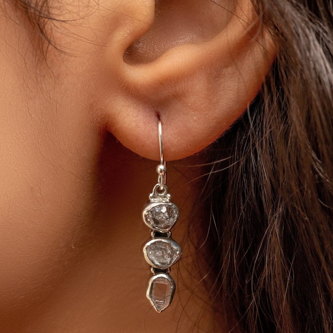 Herkimer Mines Sterling Silver Diamond Quartz 2-Stone Drop Earrings