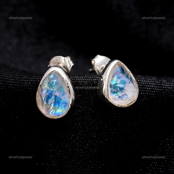 Rare Rainbow Moonstone Earrings, Gemstone Earrings, Blue Stud Earrings, 925 Sterling Silver Jewelry, Engagement Gift, Earrings For Mother