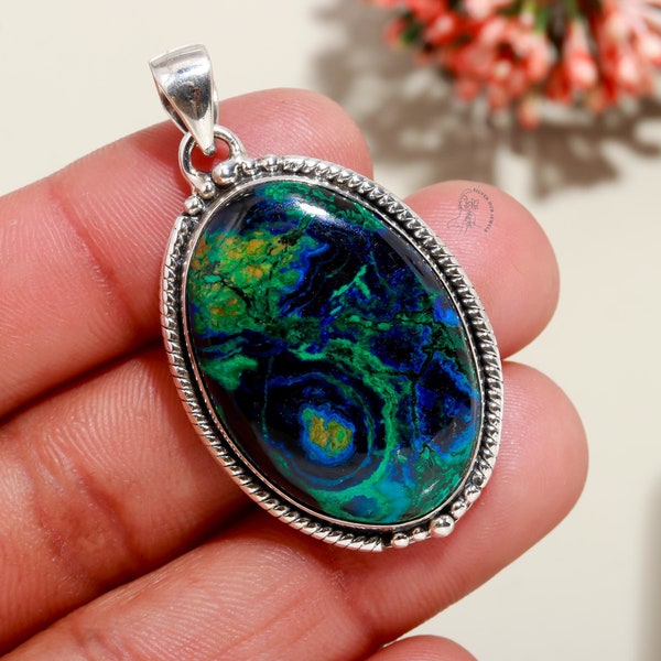 Handcrafted Natural Azurite Malachite Pendant, Gemstone Pendant, Green Pendant, 925 Sterling Silver Jewelry, Wedding Gift, Pendant For Bride