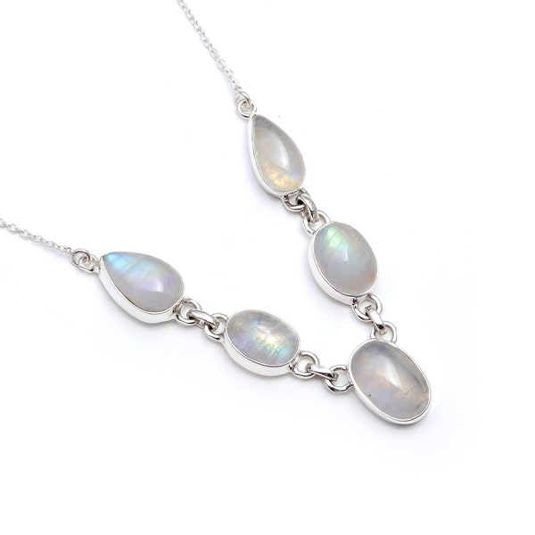 Rare Rainbow Moonstone Necklace, Gemstone Necklace, White Beaded Necklace, 925 Sterling Silver Jewelry, Engagement Gift, Necklace For Mother