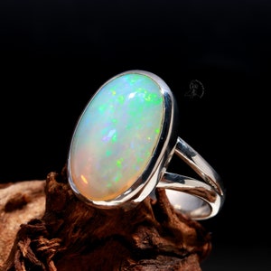 Handmade Natural Ethiopian Opal Ring, Gemstone Ring, White Band Ring, 925 Sterling Silver Jewelry, Engagement Gift, Ring For Girl Friend