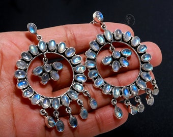 Pendientes florales de piedra lunar arcoíris brillantes, aretes azules, joyas de plata de ley 925, regalo de bodas, aretes para el mejor amigo