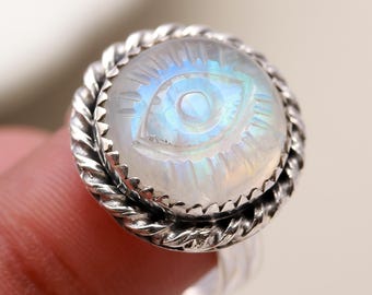 Rainbow Moonstone Ring, 925 Sterling Silver Rings for Women, Boho Simple Ring with Carving Gemstone Ring, Birthstone Gemstone Ring Jewelry