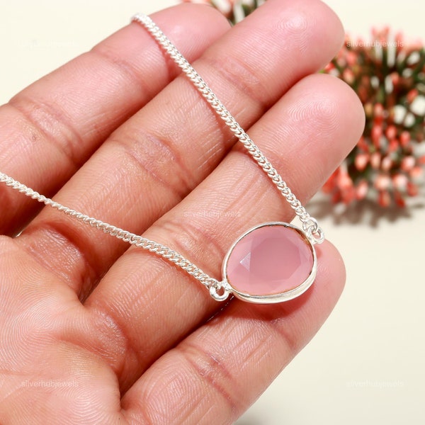 Elegant Pink Chalcedony Gemstone Necklace, Pink Chain Adjustable Necklace, 925 Sterling Silver Jewelry, Wedding Gift, Necklace For Love